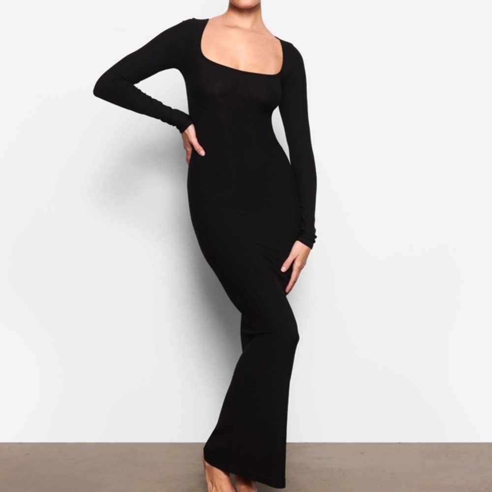 skims soft lounge long sleeve maxi slip dress black size large